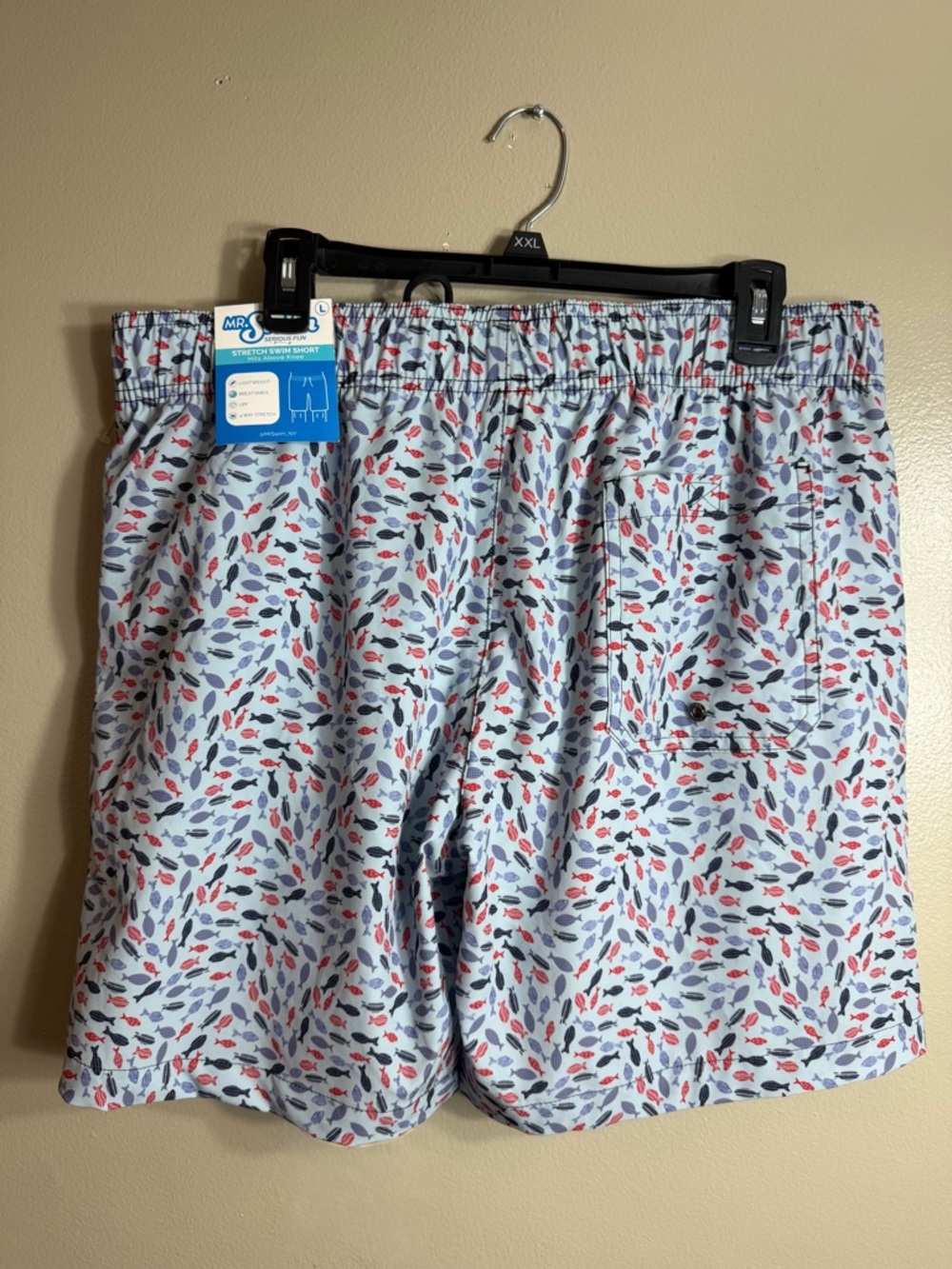 Mr Swim Fish Print Swim Trunks Blue Red Stretch Shorts Size L NWT Dad Style - Picture 2 of 7
